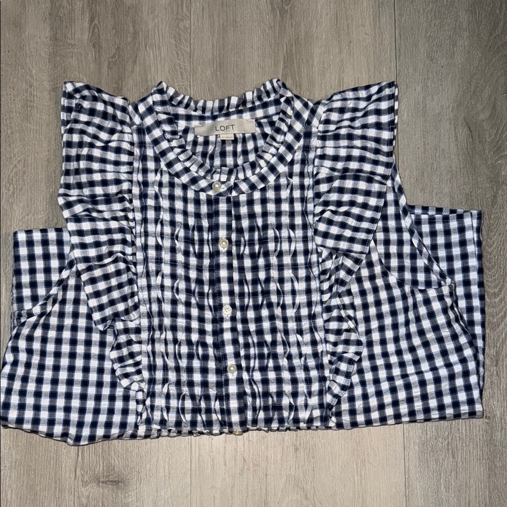 LOFT Checkered Navy and White Ruffle Top